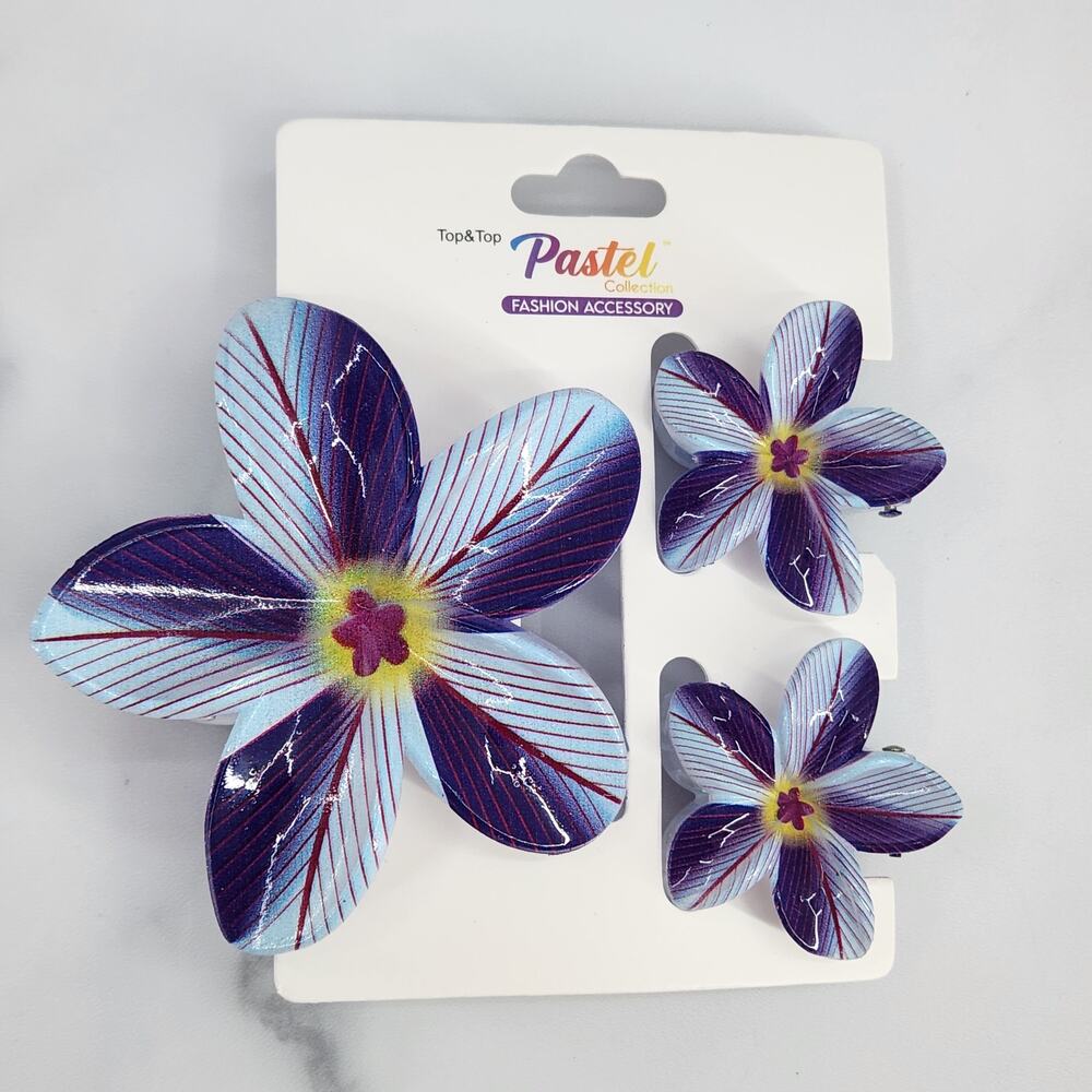 3 pc Hawaiian Flower Claw Clip Set - Hair Accessories Blue & Navy Blue Plumeria
